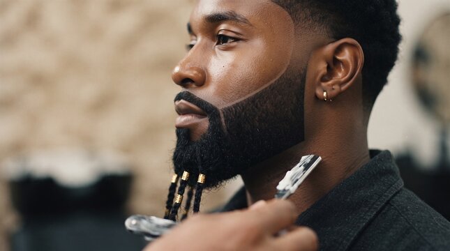 Black man receiving a haircut with precision tools in barbershop for World Beard Day