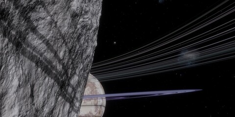 View of planetary ring system stretching to horizon beside alien cliff © ming
