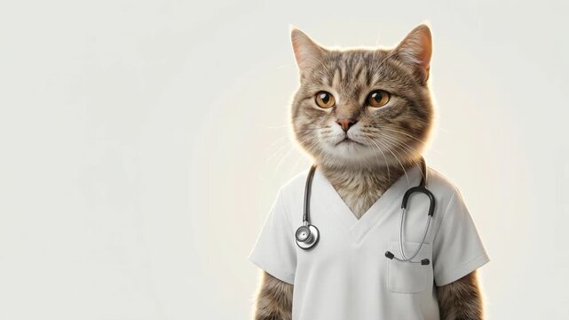 Cute cat dressed as a doctor wearing a white uniform and stethoscope