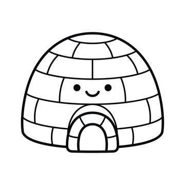 Cute cartoon igloo smiling with a happy face, traditional ice house drawing for kids coloring page.
