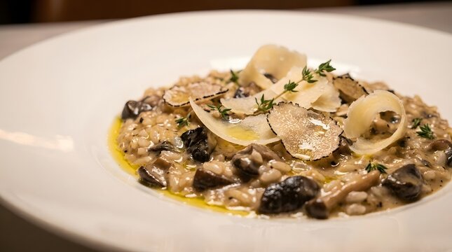 Mushroom risotto with truffle shavings. Gourmet Italian rice dish served on a white plate.
