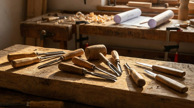 A collection of vintage woodworking carving tools resting on a rustic timber workbench, evoking traditional craftsmanship.