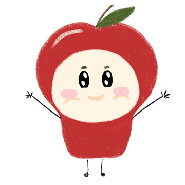 cute little apple character smiling and waving hand