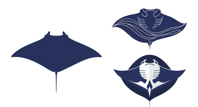 Set of stylized dark blue manta ray and stingray vector icons depicting marine wildlife and ocean life for logo design or emblem