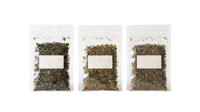Dried green herbs in transparent plastic bags with white labels, organic tea leaves in clear packaging, culinary spice packets for cooking isolated PNG with Transparent Background