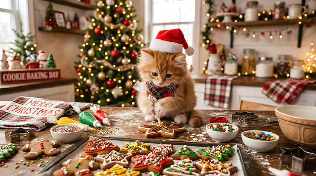 Fluffy kitten decorating gingerbread cookies with colorful icing and candy sprinkles, cheerful Christmas kitchen scene.