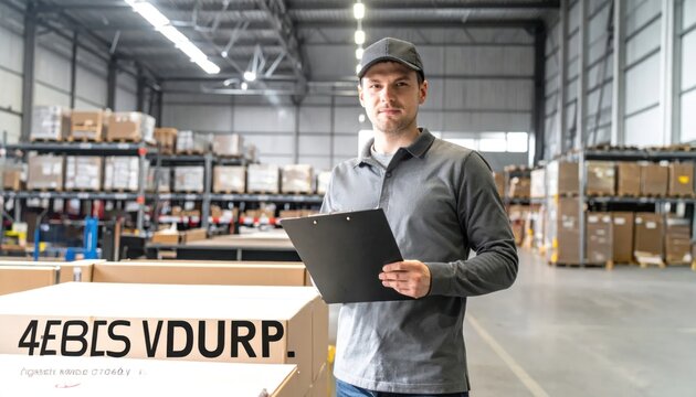 Warehouse Manager Inspecting Inventory with Clipboard.