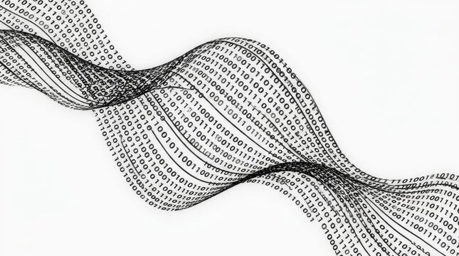Abstract binary code wave flow on white background.