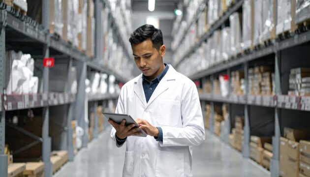 Warehouse worker in white coat using tablet among shelves.