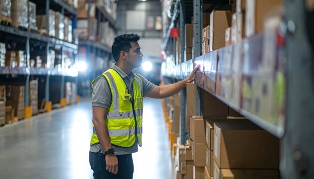 Warehouse worker in safety vest checking inventory on shelves.