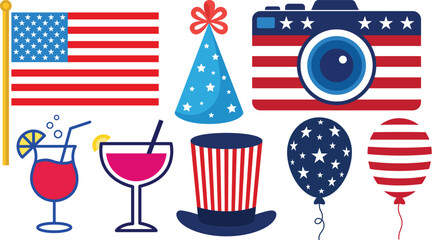 Obraz premium Fourth of july party icon set with red blue american flag camera cocktails party hat and balloons