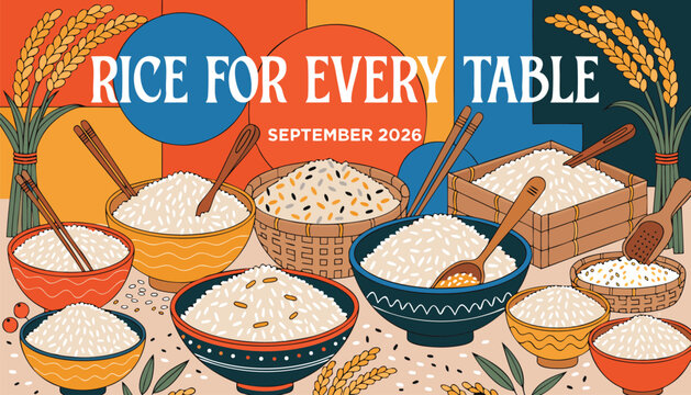 Vibrant colorful illustration featuring bowls of white rice for everyone
