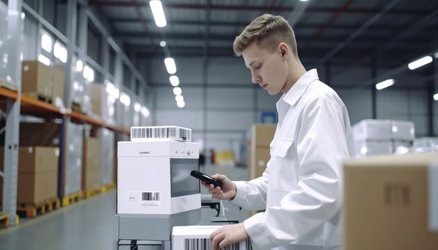Warehouse worker scanning inventory with handheld device.
