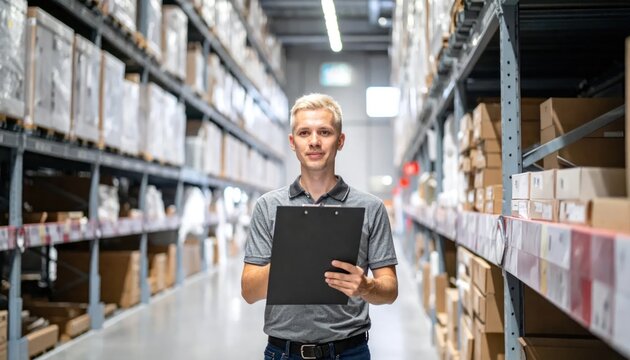 Warehouse worker with clipboard checking inventory on shelves.