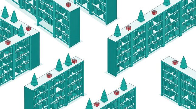 Isometric green library shelves with red gift boxes.