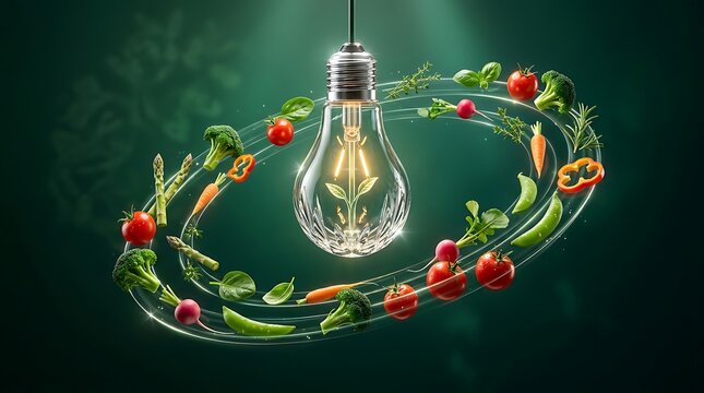 World Vegetarian Day concept with light bulb and flying fresh vegetables