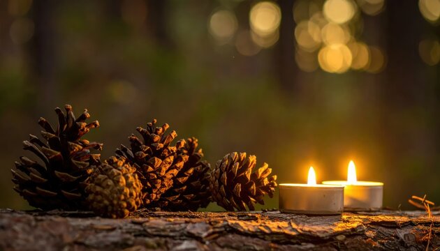 Warm Glow of Candles and Pinecones on Rustic Wood.