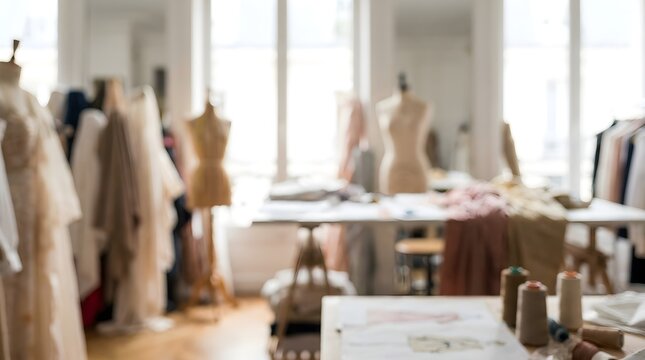 Fashion design studio interior with mannequins and sketches, professional tailor workshop background, creative dressmaker atelier with sewing tools