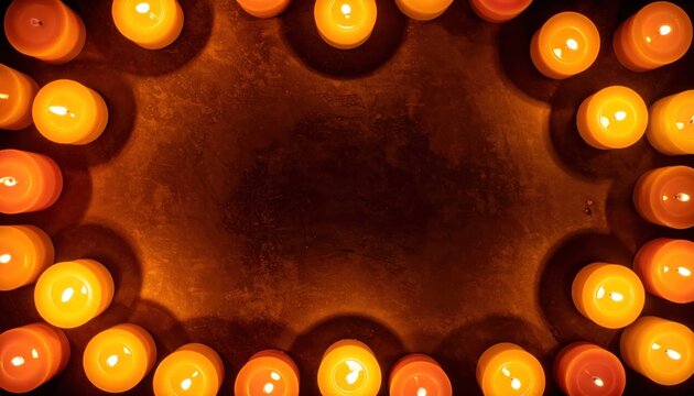 Warm Glow of Many Small Candles Arranged in a Frame.