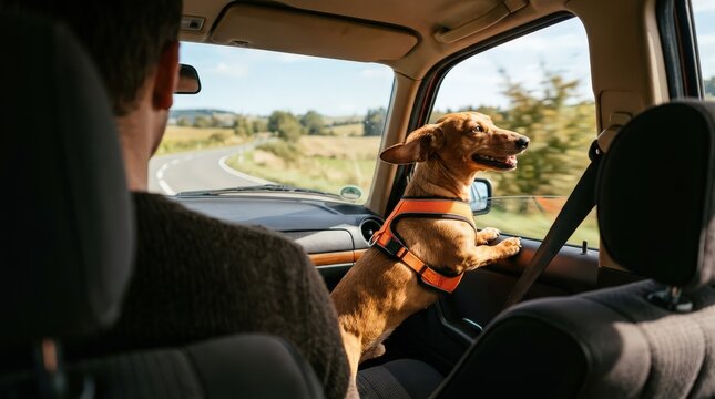Dachshund dog wearing orange harness looking out car window during summer road trip travel moment