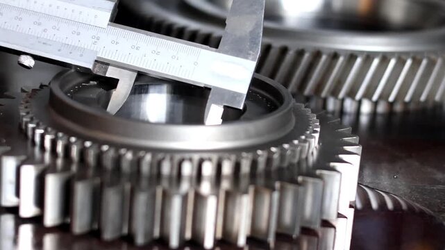 Technician carefully measuring metal gear component inner diameter with vernier caliper in workshop.