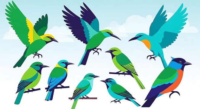 Colorful set of tropical birds in various poses and flight positions