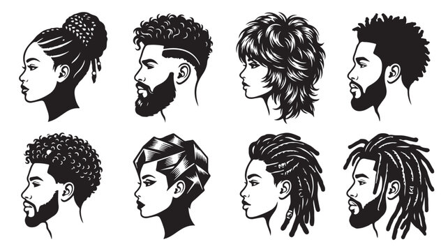 Black hair styles vector collection, 8 diverse afro hair and barber shop icons, men and women profile portraits with braids and dreadlocks