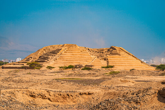 Ancient adobe pyramid at Chan Chan archaeological site in Peru