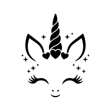 Black and white unicorn face silhouette with magic stars