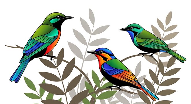 Three colorful birds perched on leafy branches on a white background