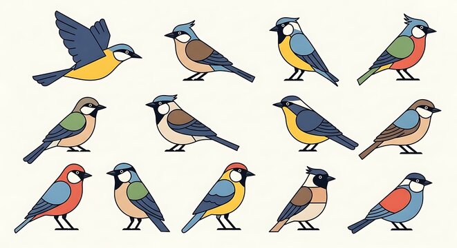 Set of stylized small garden birds in different poses flat vector icons