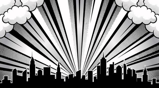 Bold black and gray skyline illustration featuring vintage radial sunburst rays, comic clouds, and detailed urban buildings. Perfect for branding, editorial projects, websites, and presentations.