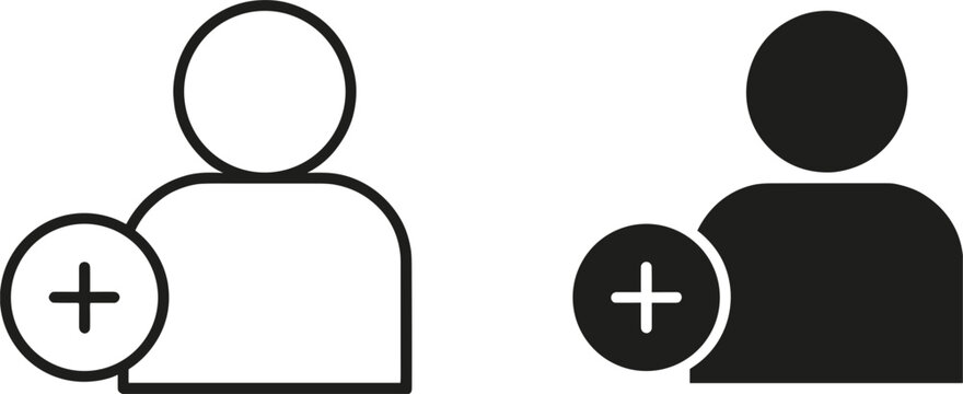 Two simple black and white user profile with a plus sign, representing adding a new contact or friend, isolated