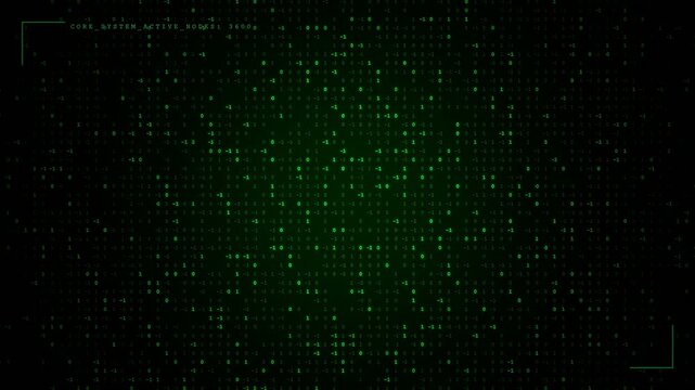 Abstract green binary code flowing on black background representing cybersecurity data processing and digital matrix concept technology
