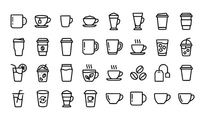 Fototapeta premium Editable Cup and Beverage Line Icon Pack with Coffee Tea Mug and Café Symbols Vector