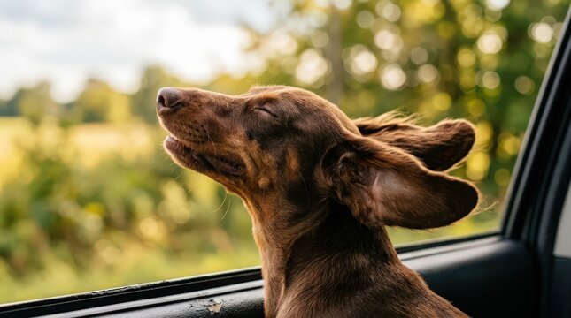 Dachshund dog enjoys road trip moment ears blowing breeze car window during travel adventure