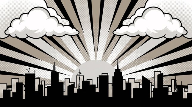 Monochrome black skyline with striking retro sunburst rays and fluffy comic clouds creating a bold urban background for posters, branding, and creative projects.