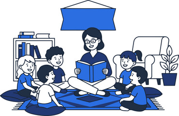 Kindergarten kids listening to story from teacher with blank banner for text line art vector