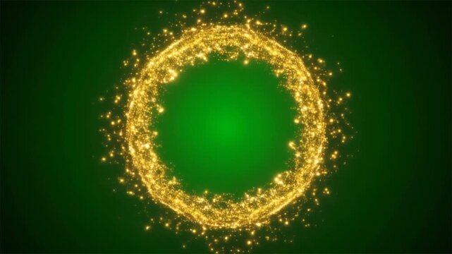 Golden particle circle frame looping animation on green screen background, luxury glowing ring chroma key