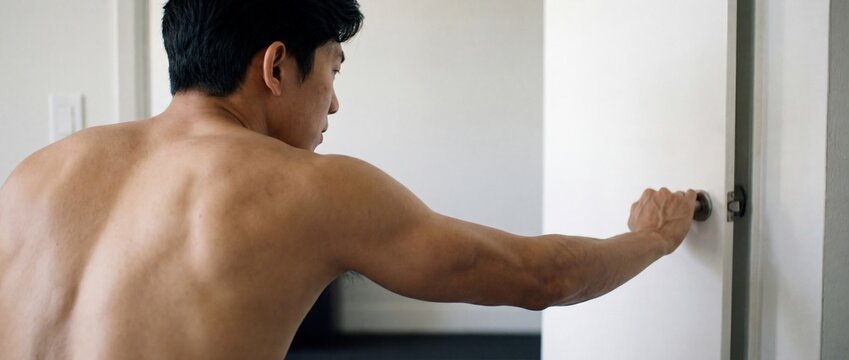 Shirtless Asian man opening a white door at home from a side profile view
