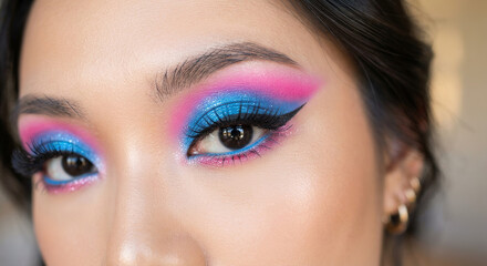 Naklejka premium closeup women eye glitter makeup sparkly background studio.