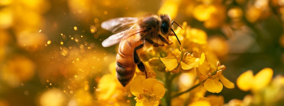 Honeybee Collecting Pollen from Vibrant Yellow Flowers in a Natural Setting with Holographic Background Effects