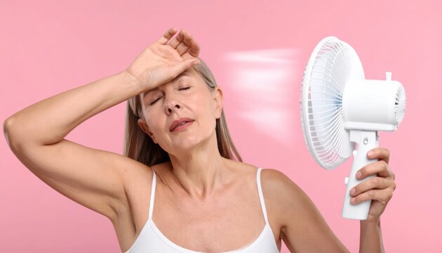 Woman feeling hot and sweaty using a fan during a heatwave.