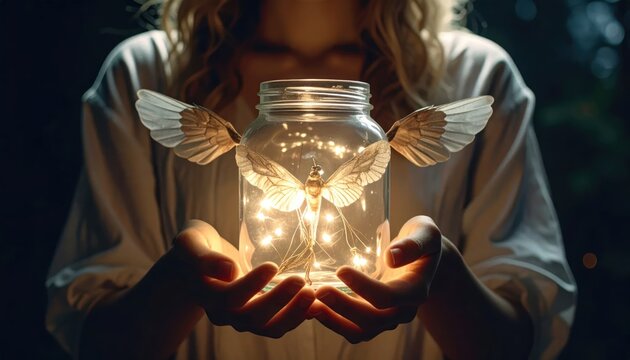 Woman Holding Jar of Fairy Lights with Angel Wings.