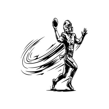 Action shot of a football quarterback throwing ball black and white vector clip art for sports design