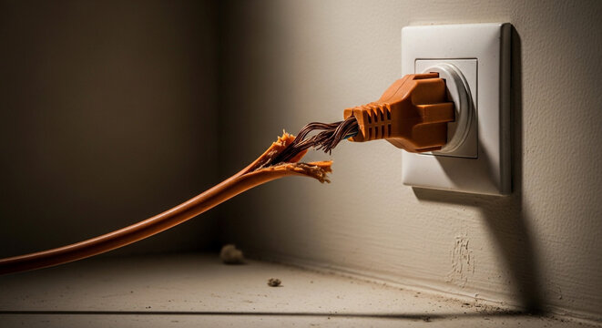 Damaged orange electrical cord plugged into a white wall outlet