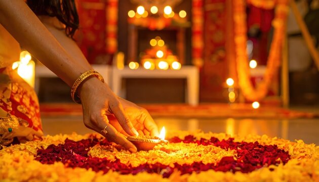 Woman lighting a diya during Diwali festival, illuminating a colorful rangoli pattern.