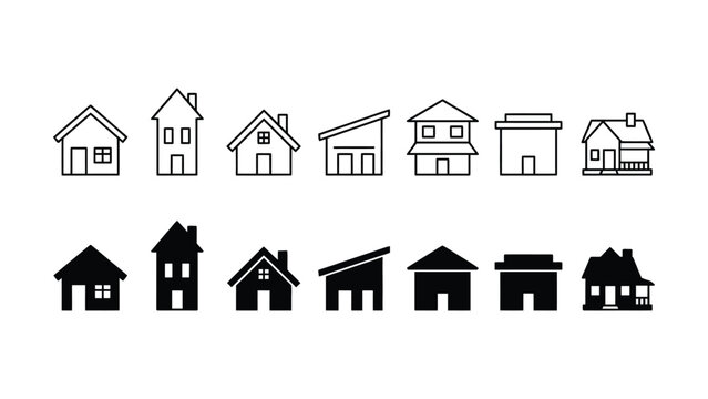 Set of simple line art house icons in white and black styles