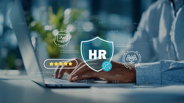 Business professional evaluating employee performance metrics through digital HR platform with workforce insights and talent development strategy