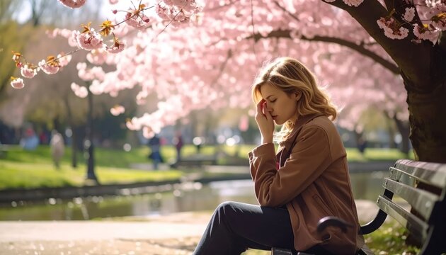 Woman Sitting Alone Under Cherry Blossoms in Spring Park.